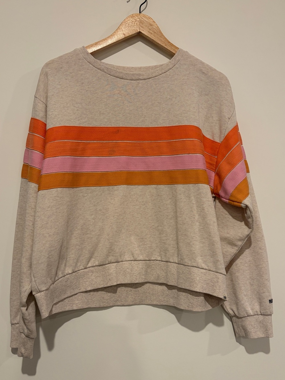 Rip Curl Size S Oatmeal Orange Pink Striped Oversized Terry Crewneck Sweatshirt